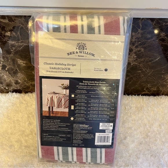 BEE & WILLOW -CLASSIC HOLIDAY STRIPE- 70” ROUND TABLECLOTH -NWT-Christmas - Picture 3 of 5